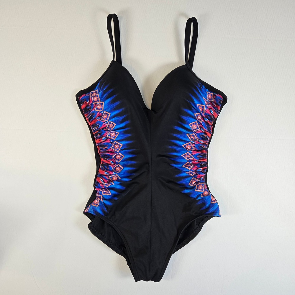 Miraclesuit Casablanca Temptation Black/ Blue Multicolor One Piece Swimsuit Sz 8